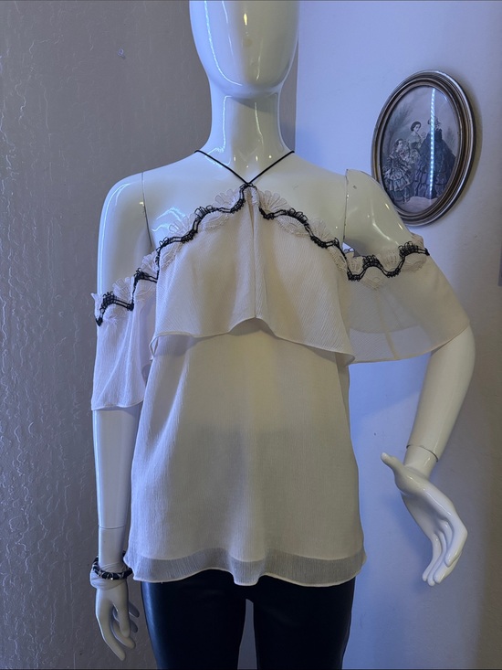 Karen Miller Tops - Off-Shoulder White Ruffle Camisole with Black Trim